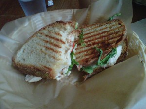 perfectly grilled roast chicken, brie, arugula, roasted red peppers & caramelized onions